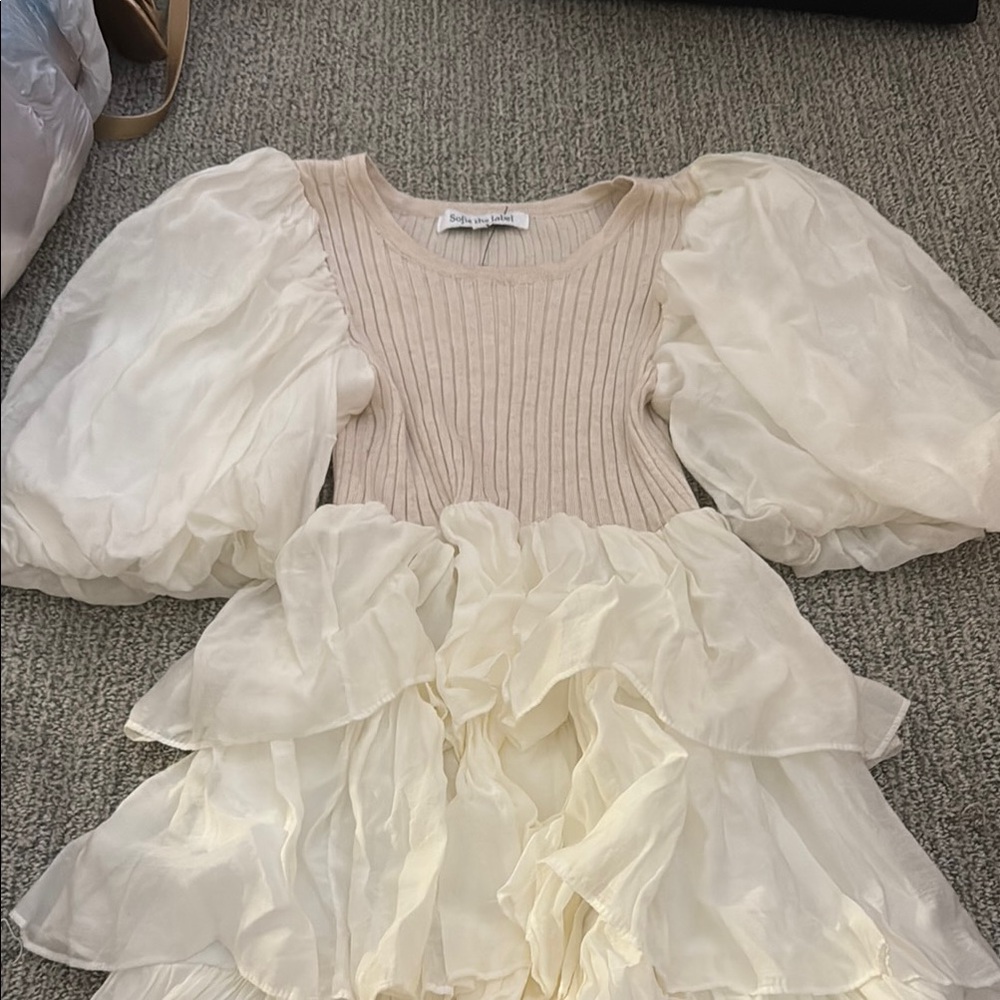 Cream Tiered Fit and Flare Dress with Puff Sleeves